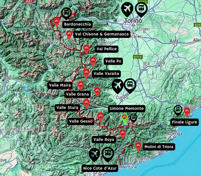 Map of the main MTB and e-MTB tour Areas in the Italian Western Alps by WolfTrails