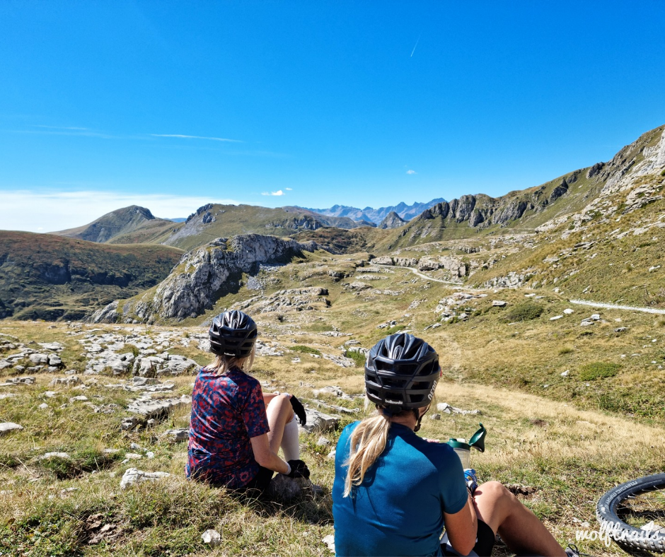 Mountain bikers resting along Alta Via del Sale MTB route in Limone Piemonte
