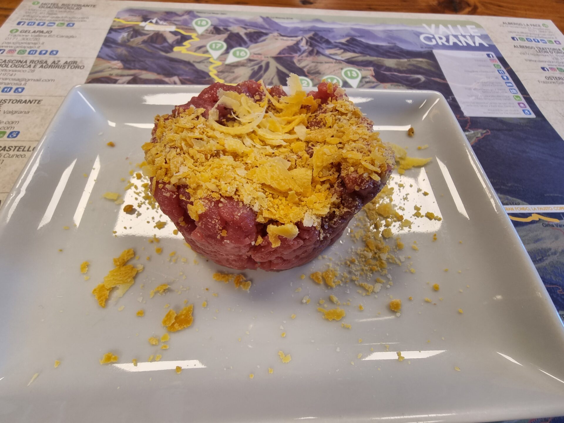 Fassona Tartare with Castelmagno Cheese served at Rifugio Fauniera