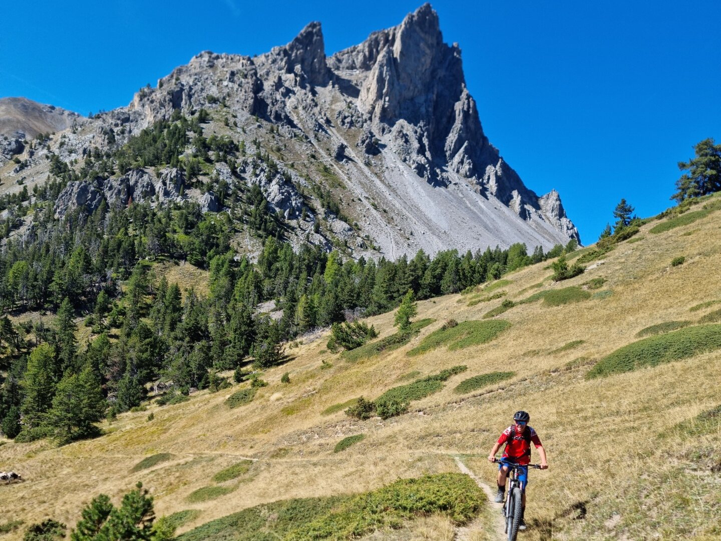 Mountain Biker riding an alpine singletrack above Bardonecchia