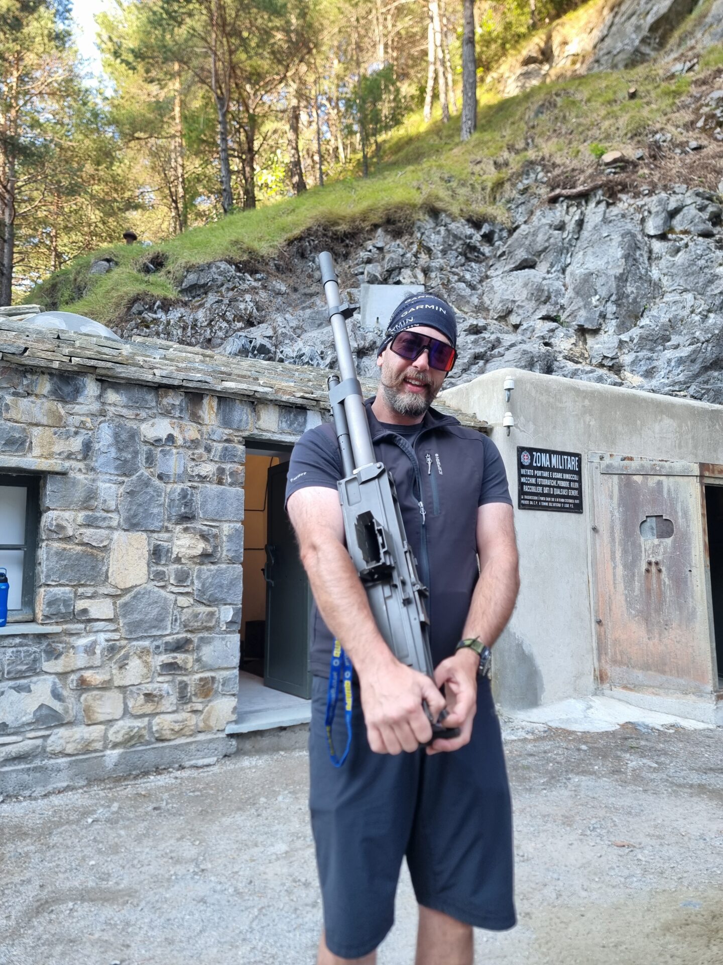 Roberto Maselli, owner and guide of WolfTrails transportin a Breda 1937 heavy machine gun at Museo Vallo Alpino di Vievola
